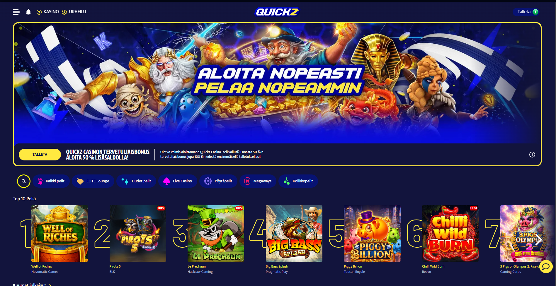 Quickz kasino lobby - Aloita nopeasti