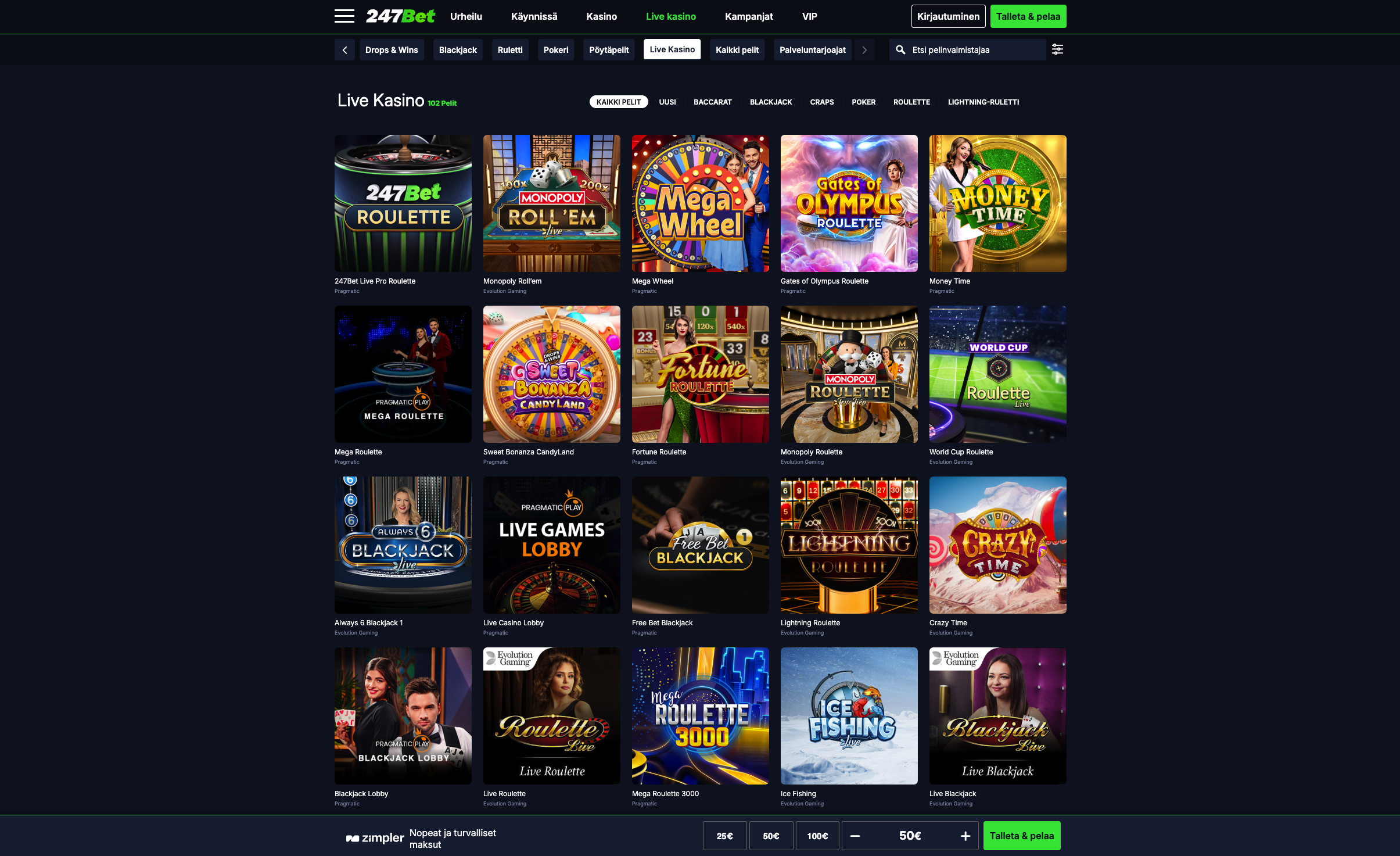 247bet Live kasino sivu - 102 peliä