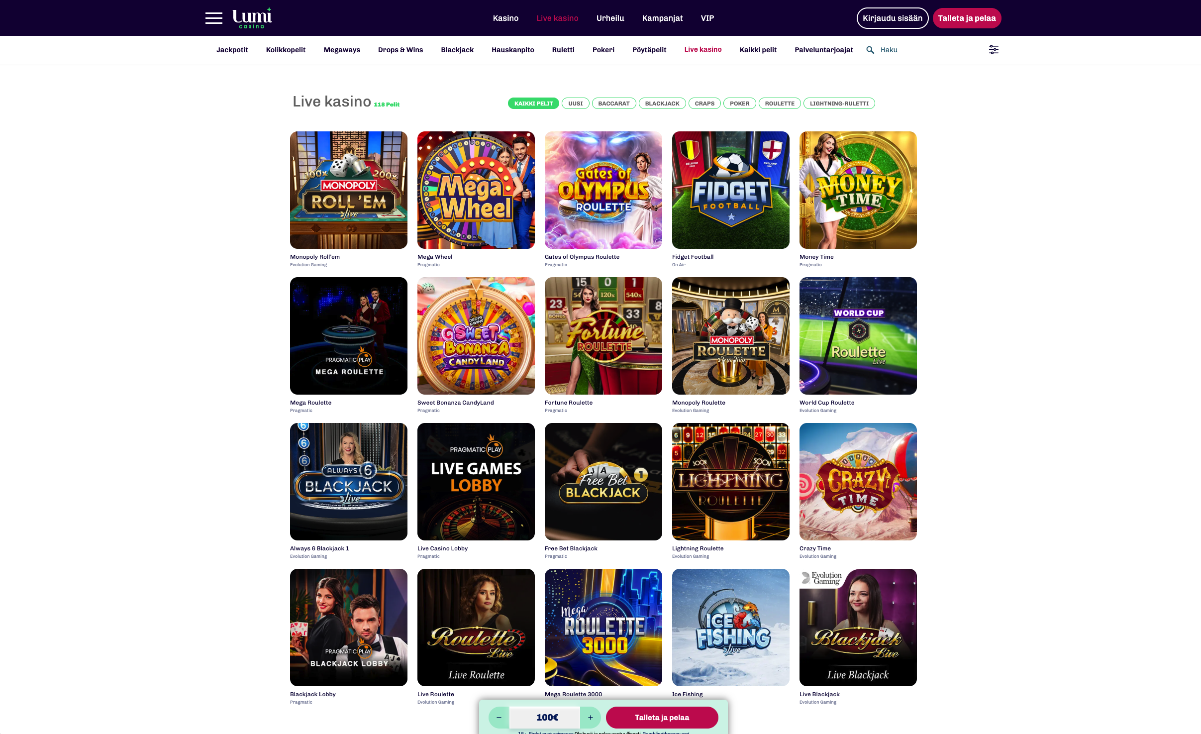 Lumi casino live kasino aula - 118 peliä