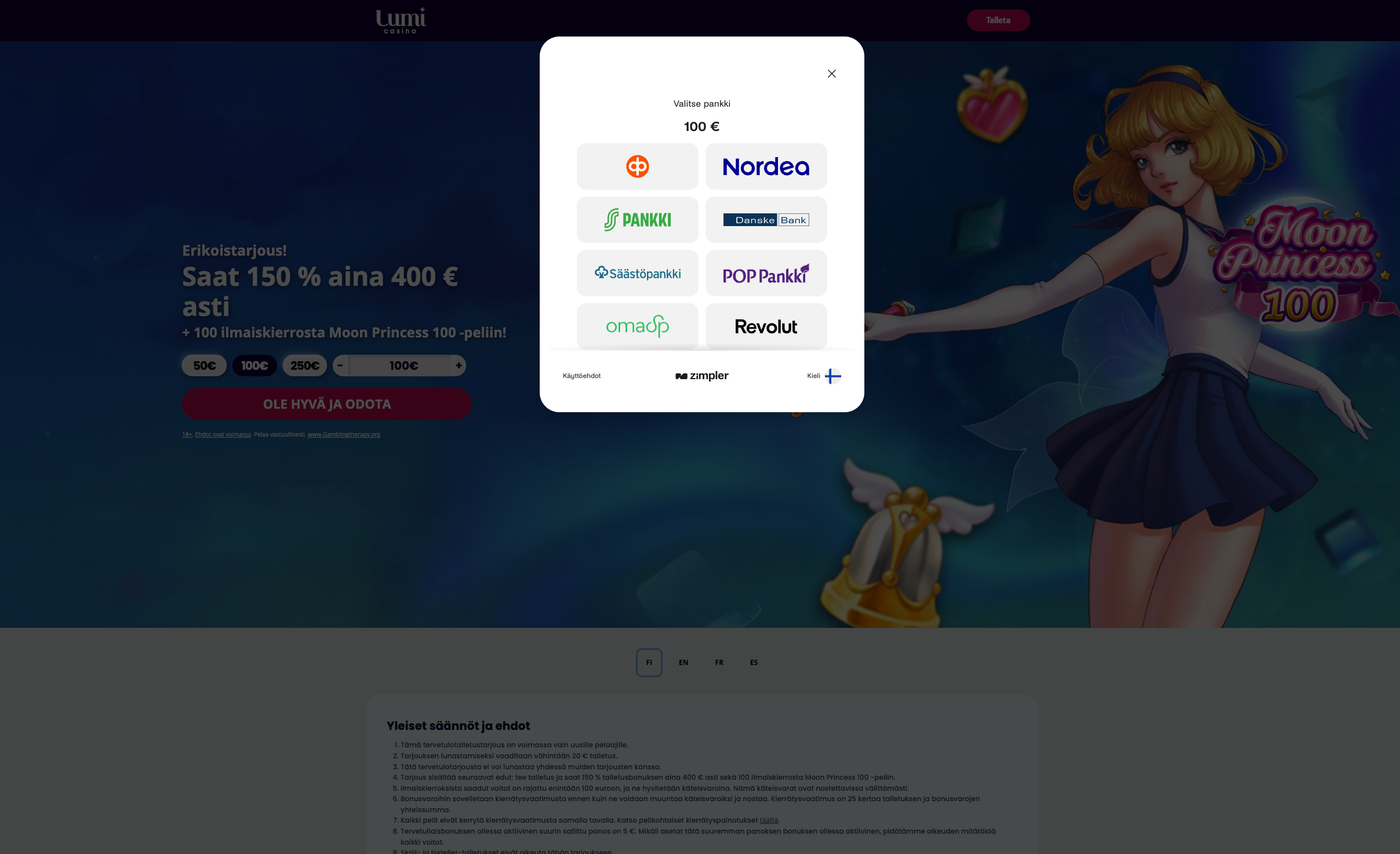 Lumi casino Zimpler talletus - Valitse pankki